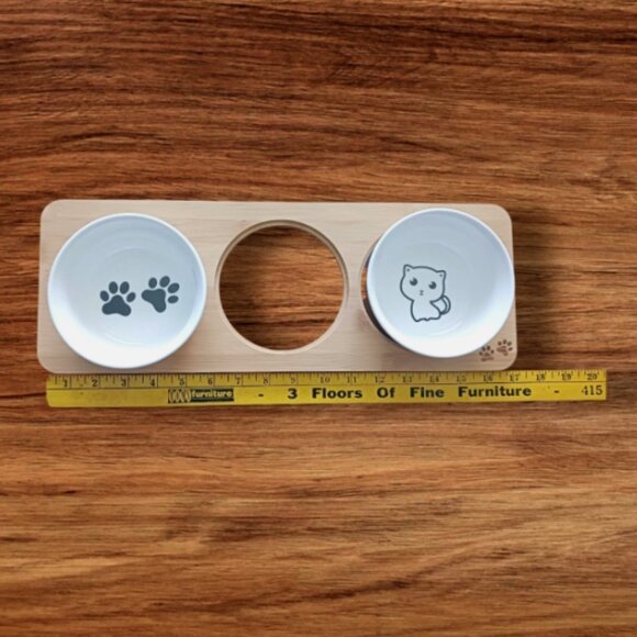 Comesoon ceramic cat Bowls Set of 2 Food/Water / Black & white with wood Holder - Picture 3 of 13